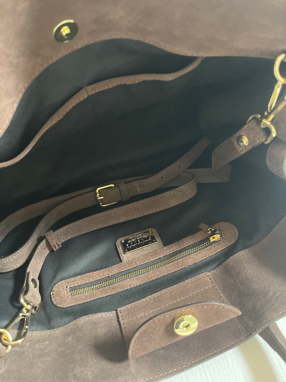 Structured Dark Brown Suede Satchel Handbag - Picture 4 of 7